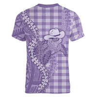 Purple Hawaii Palaka Cowboy Turtle Women V-Neck T-Shirt Hawaiian Paniolo Puakenikeni Maile Lei DT05 - Polynesian Pride