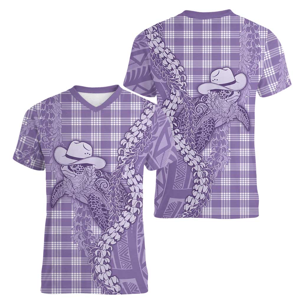 Purple Hawaii Palaka Cowboy Turtle Women V-Neck T-Shirt Hawaiian Paniolo Puakenikeni Maile Lei DT05 - Polynesian Pride