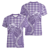 Purple Hawaii Palaka Cowboy Turtle Women V-Neck T-Shirt Hawaiian Paniolo Puakenikeni Maile Lei DT05 - Polynesian Pride