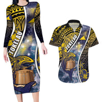 Personalised Tokelau Couples Matching Long Sleeve Bodycon Dress and Hawaiian Shirt National Badge Waves Style DT05 Yellow - Polynesian Pride