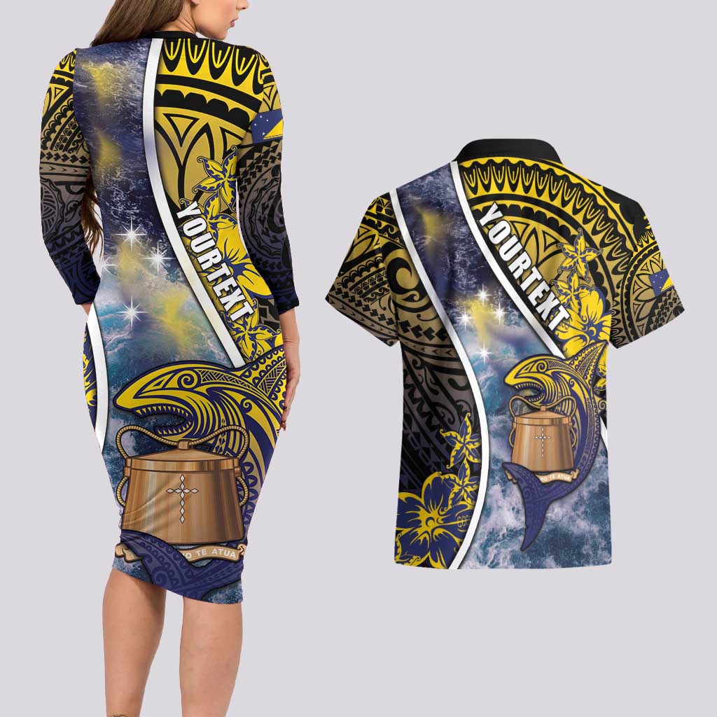 Personalised Tokelau Couples Matching Long Sleeve Bodycon Dress and Hawaiian Shirt National Badge Waves Style DT05 - Polynesian Pride