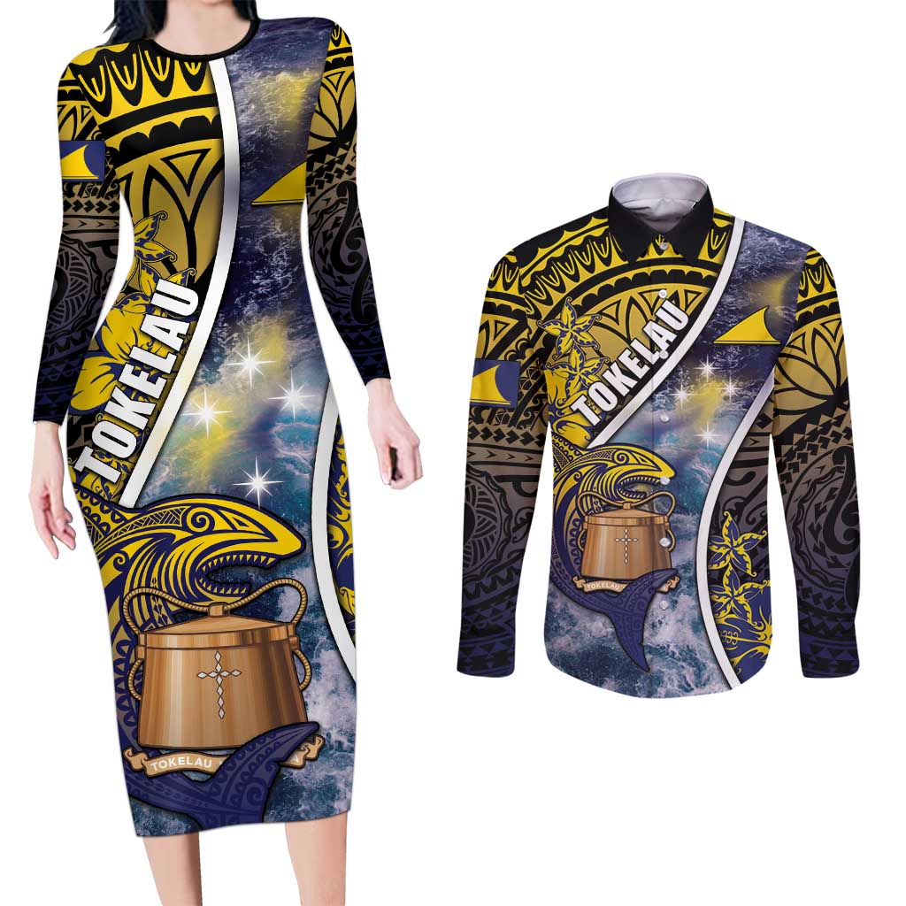 Personalised Tokelau Couples Matching Long Sleeve Bodycon Dress and Long Sleeve Button Shirt National Badge Waves Style DT05 Yellow - Polynesian Pride