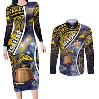 Personalised Tokelau Couples Matching Long Sleeve Bodycon Dress and Long Sleeve Button Shirt National Badge Waves Style DT05 Yellow - Polynesian Pride