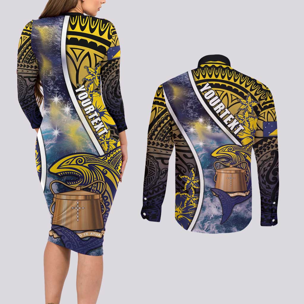 Personalised Tokelau Couples Matching Long Sleeve Bodycon Dress and Long Sleeve Button Shirt National Badge Waves Style DT05 - Polynesian Pride