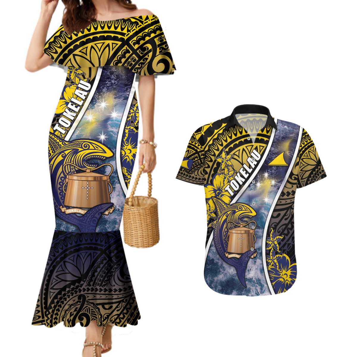 Personalised Tokelau Couples Matching Mermaid Dress and Hawaiian Shirt National Badge Waves Style DT05 Yellow - Polynesian Pride