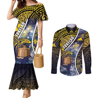 Personalised Tokelau Couples Matching Mermaid Dress and Long Sleeve Button Shirt National Badge Waves Style DT05 Yellow - Polynesian Pride