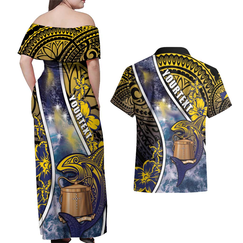 Personalised Tokelau Couples Matching Off Shoulder Maxi Dress and Hawaiian Shirt National Badge Waves Style DT05 - Polynesian Pride