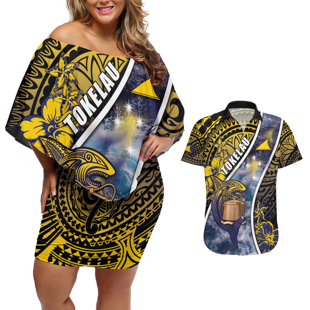 Personalised Tokelau Couples Matching Off Shoulder Short Dress and Hawaiian Shirt National Badge Waves Style DT05 Yellow - Polynesian Pride