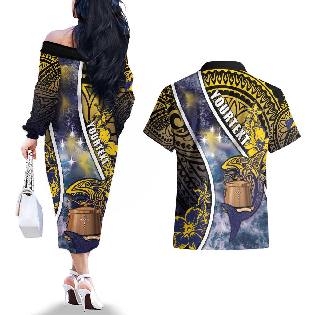 Personalised Tokelau Couples Matching Off The Shoulder Long Sleeve Dress and Hawaiian Shirt National Badge Waves Style DT05 - Polynesian Pride
