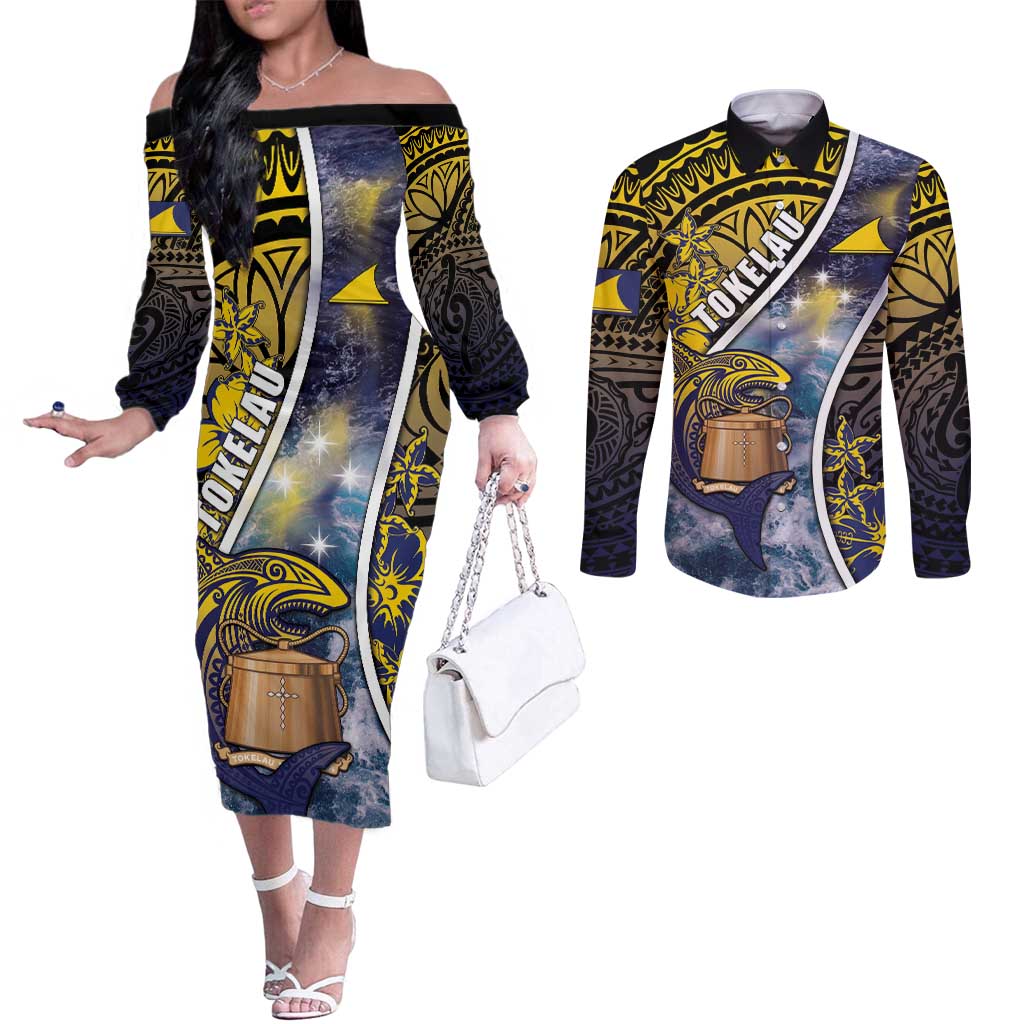 Personalised Tokelau Couples Matching Off The Shoulder Long Sleeve Dress and Long Sleeve Button Shirt National Badge Waves Style DT05 Yellow - Polynesian Pride