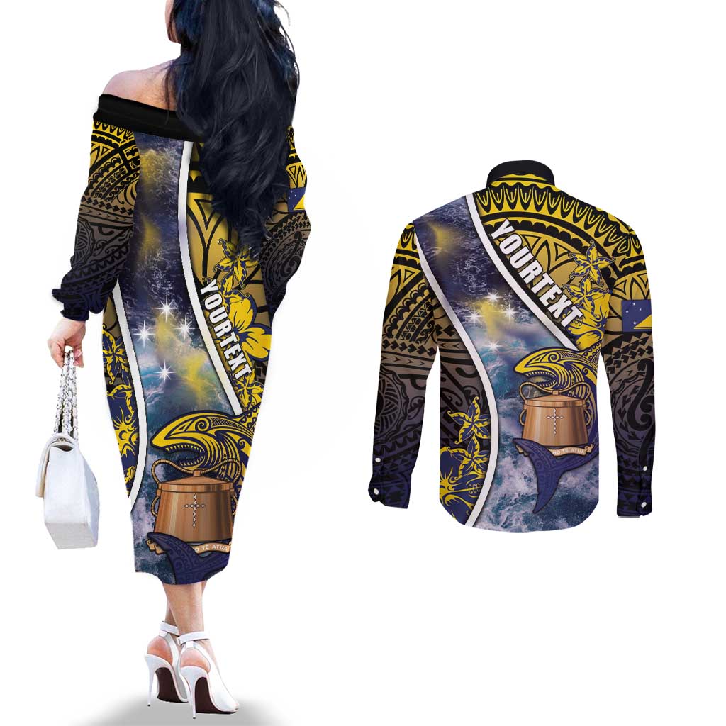 Personalised Tokelau Couples Matching Off The Shoulder Long Sleeve Dress and Long Sleeve Button Shirt National Badge Waves Style DT05 - Polynesian Pride