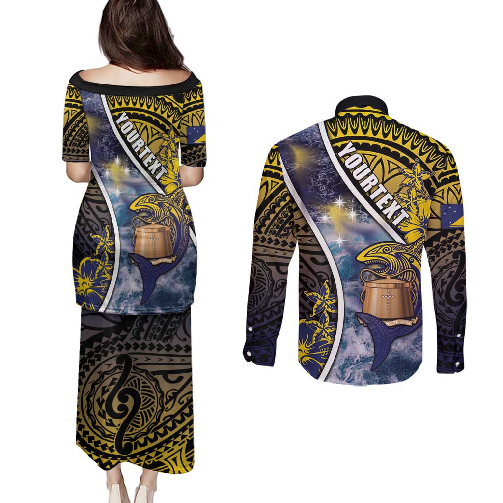 Personalised Tokelau Couples Matching Puletasi and Long Sleeve Button Shirt National Badge Waves Style