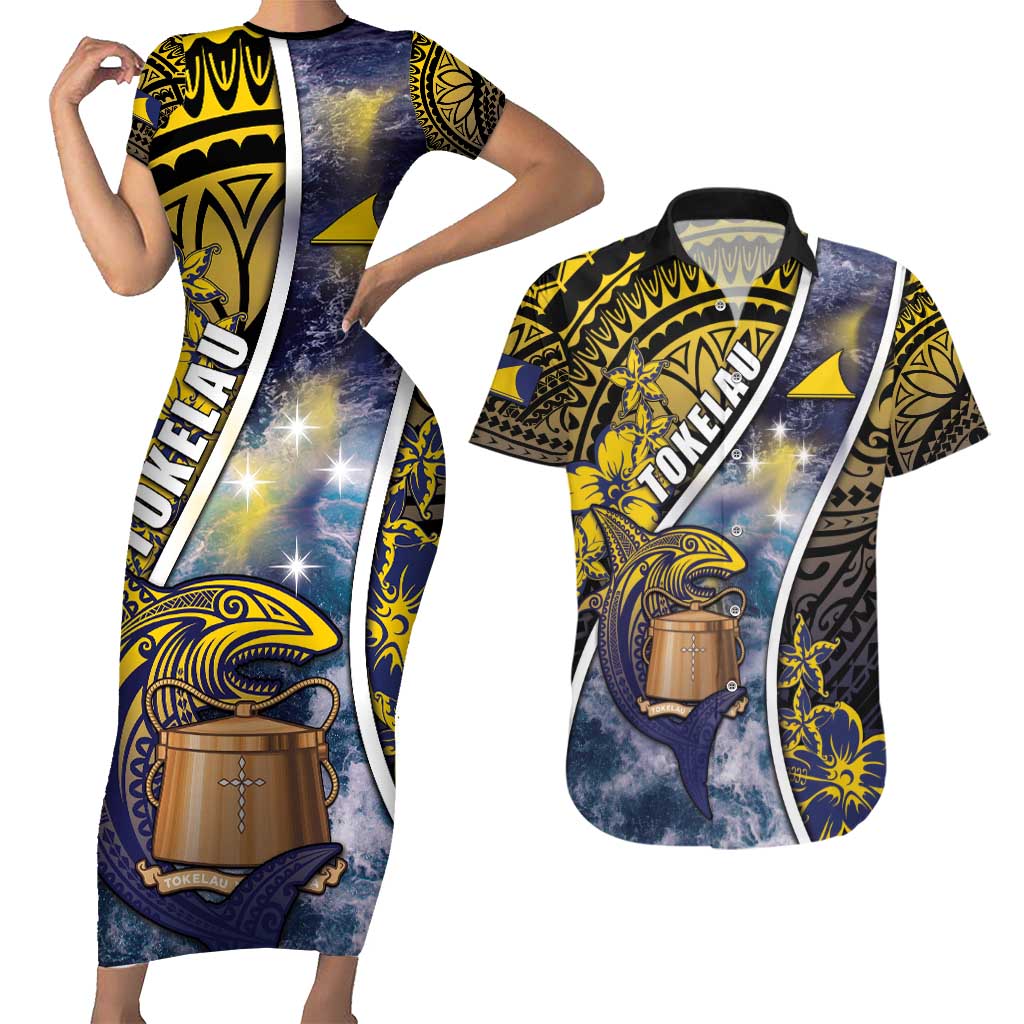 Personalised Tokelau Couples Matching Short Sleeve Bodycon Dress and Hawaiian Shirt National Badge Waves Style DT05 Yellow - Polynesian Pride