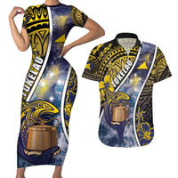 Personalised Tokelau Couples Matching Short Sleeve Bodycon Dress and Hawaiian Shirt National Badge Waves Style DT05 Yellow - Polynesian Pride