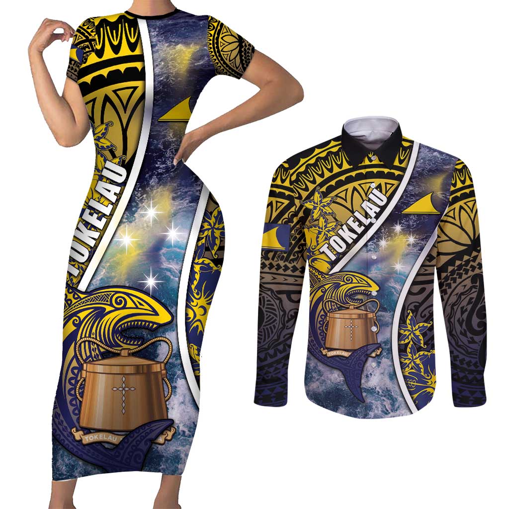Personalised Tokelau Couples Matching Short Sleeve Bodycon Dress and Long Sleeve Button Shirt National Badge Waves Style DT05 Yellow - Polynesian Pride