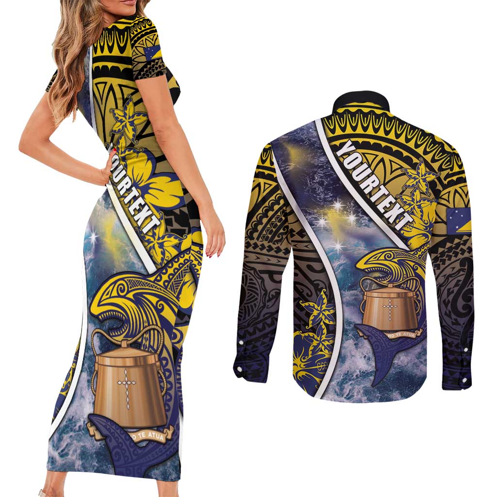 Personalised Tokelau Couples Matching Short Sleeve Bodycon Dress and Long Sleeve Button Shirt National Badge Waves Style DT05 - Polynesian Pride