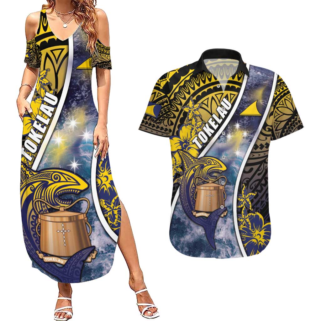 Personalised Tokelau Couples Matching Summer Maxi Dress and Hawaiian Shirt National Badge Waves Style DT05 Yellow - Polynesian Pride