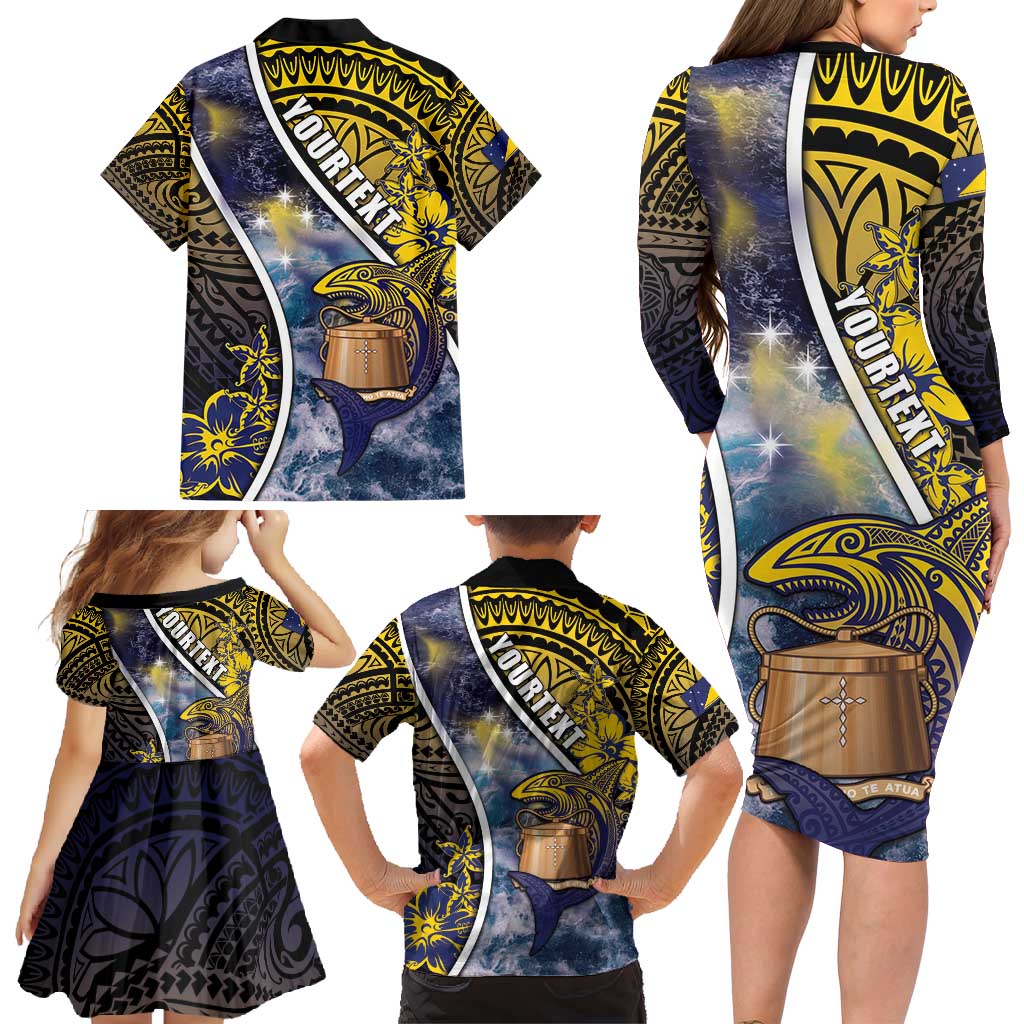 Personalised Tokelau Family Matching Long Sleeve Bodycon Dress and Hawaiian Shirt National Badge Waves Style DT05 - Polynesian Pride