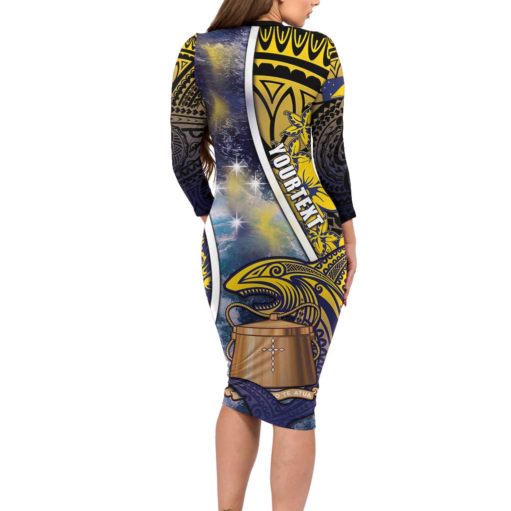 Personalised Tokelau Family Matching Long Sleeve Bodycon Dress and Hawaiian Shirt National Badge Waves Style DT05 - Polynesian Pride