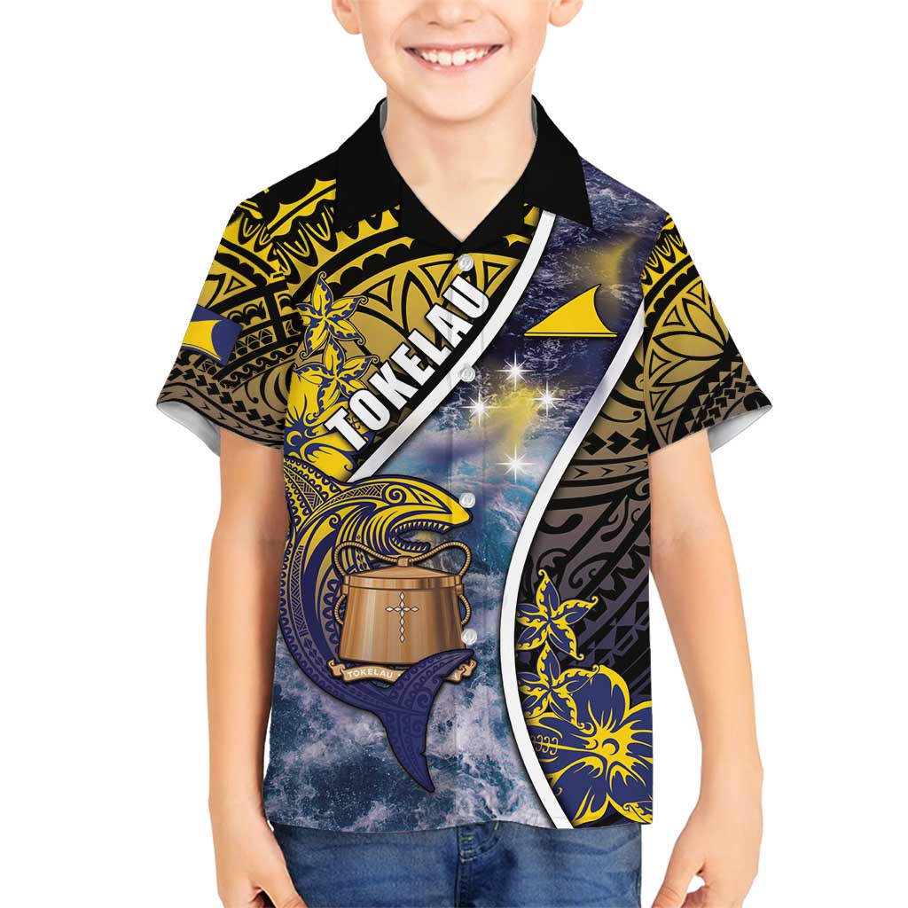Personalised Tokelau Family Matching Long Sleeve Bodycon Dress and Hawaiian Shirt National Badge Waves Style DT05 Son's Shirt Yellow - Polynesian Pride