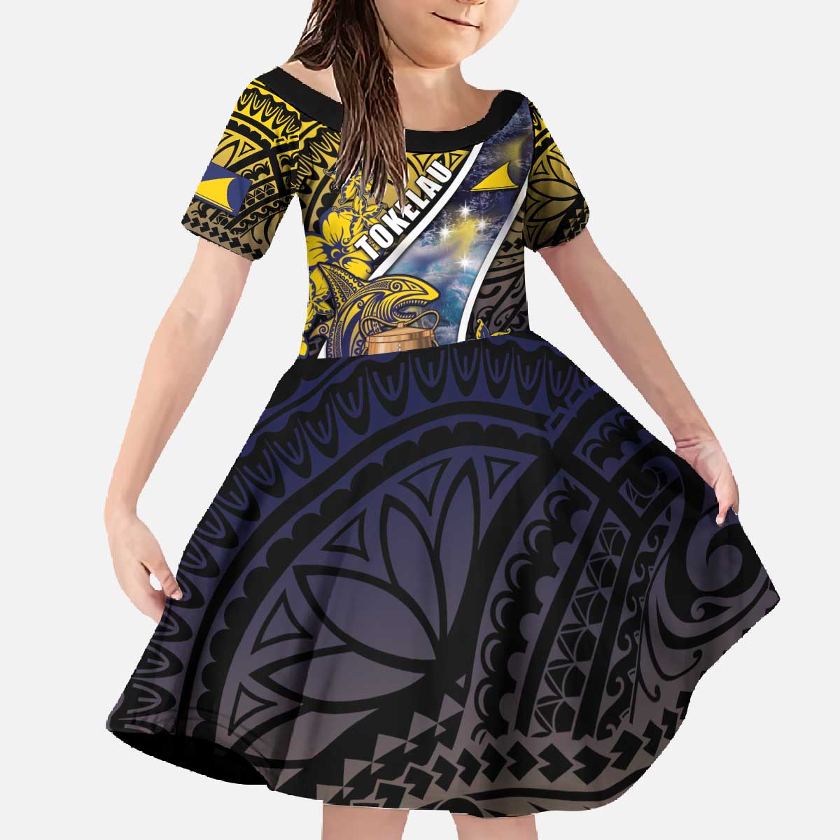 Personalised Tokelau Family Matching Off The Shoulder Long Sleeve Dress and Hawaiian Shirt National Badge Waves Style DT05 Daughter's Dress Yellow - Polynesian Pride