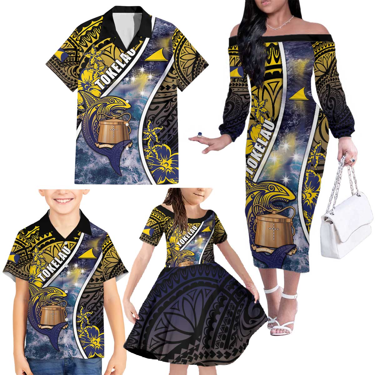 Personalised Tokelau Family Matching Off The Shoulder Long Sleeve Dress and Hawaiian Shirt National Badge Waves Style DT05 - Polynesian Pride