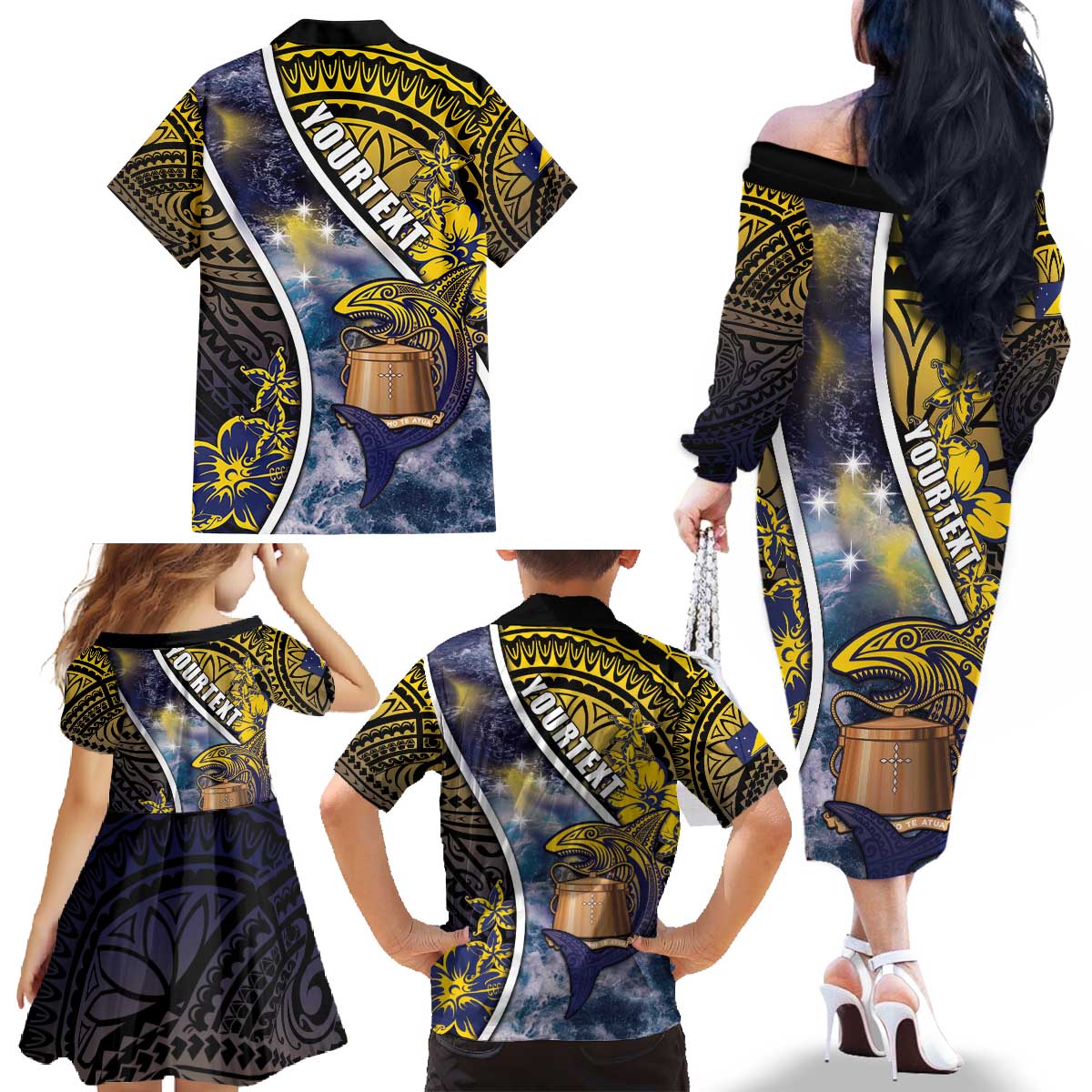 Personalised Tokelau Family Matching Off The Shoulder Long Sleeve Dress and Hawaiian Shirt National Badge Waves Style DT05 - Polynesian Pride