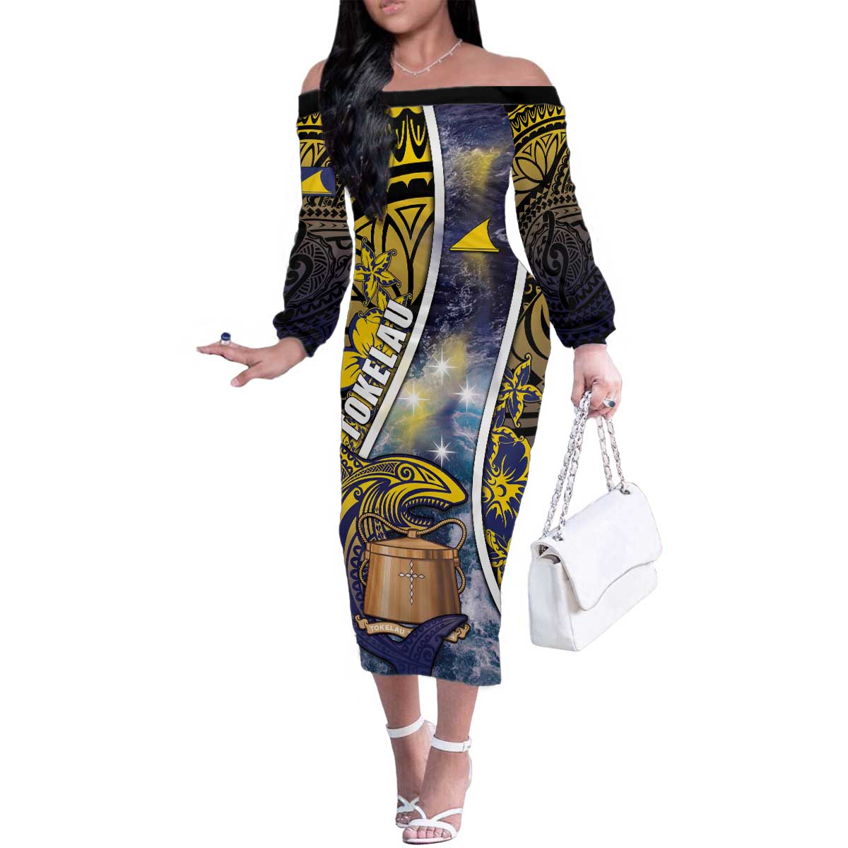Personalised Tokelau Family Matching Off The Shoulder Long Sleeve Dress and Hawaiian Shirt National Badge Waves Style DT05 Mom's Dress Yellow - Polynesian Pride