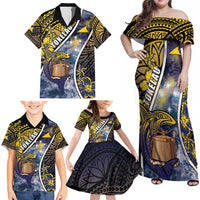 Personalised Tokelau Family Matching Off Shoulder Maxi Dress and Hawaiian Shirt National Badge Waves Style DT05 - Polynesian Pride