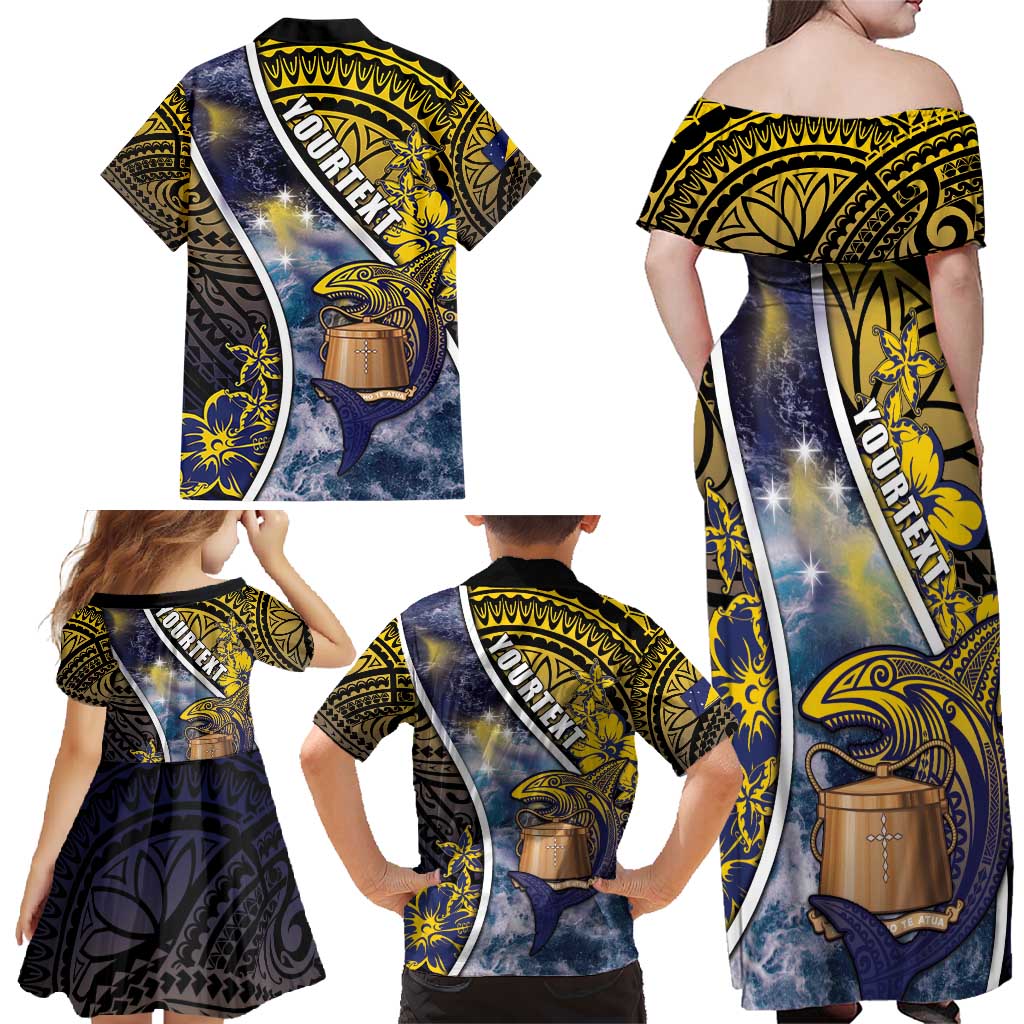 Personalised Tokelau Family Matching Off Shoulder Maxi Dress and Hawaiian Shirt National Badge Waves Style DT05 - Polynesian Pride