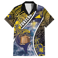 Personalised Tokelau Family Matching Off Shoulder Maxi Dress and Hawaiian Shirt National Badge Waves Style DT05 Dad's Shirt - Short Sleeve Yellow - Polynesian Pride