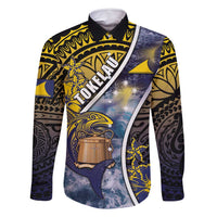 Personalised Tokelau Family Matching Off Shoulder Maxi Dress and Hawaiian Shirt National Badge Waves Style DT05 Dad's Shirt - Long Sleeve Yellow - Polynesian Pride