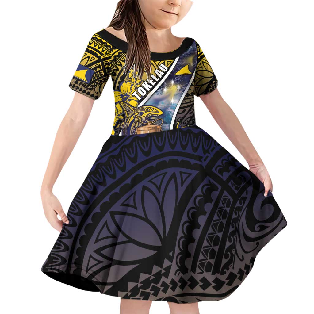 Personalised Tokelau Family Matching Off Shoulder Short Dress and Hawaiian Shirt National Badge Waves Style DT05 Daughter's Dress Yellow - Polynesian Pride