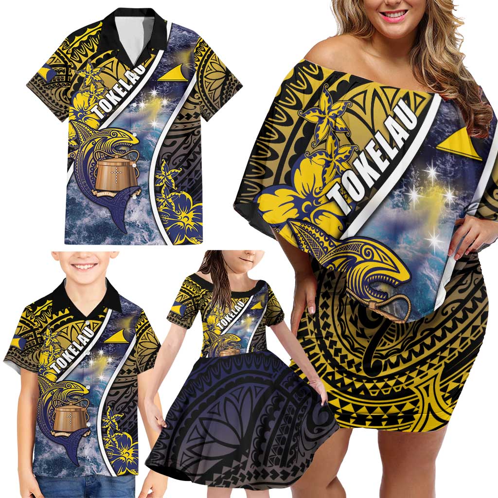 Personalised Tokelau Family Matching Off Shoulder Short Dress and Hawaiian Shirt National Badge Waves Style DT05 - Polynesian Pride