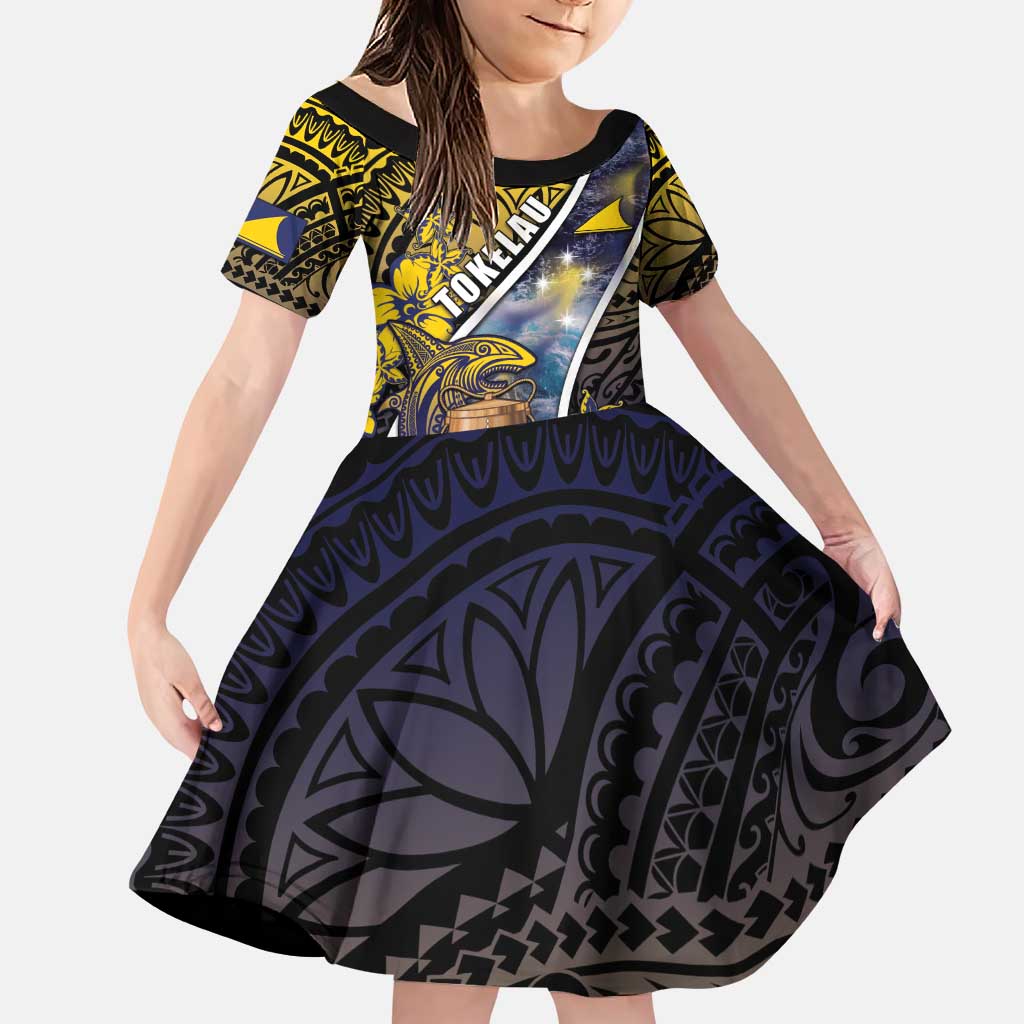 Personalised Tokelau Family Matching Puletasi and Hawaiian Shirt National Badge Waves Style DT05 Daughter's Dress Yellow - Polynesian Pride