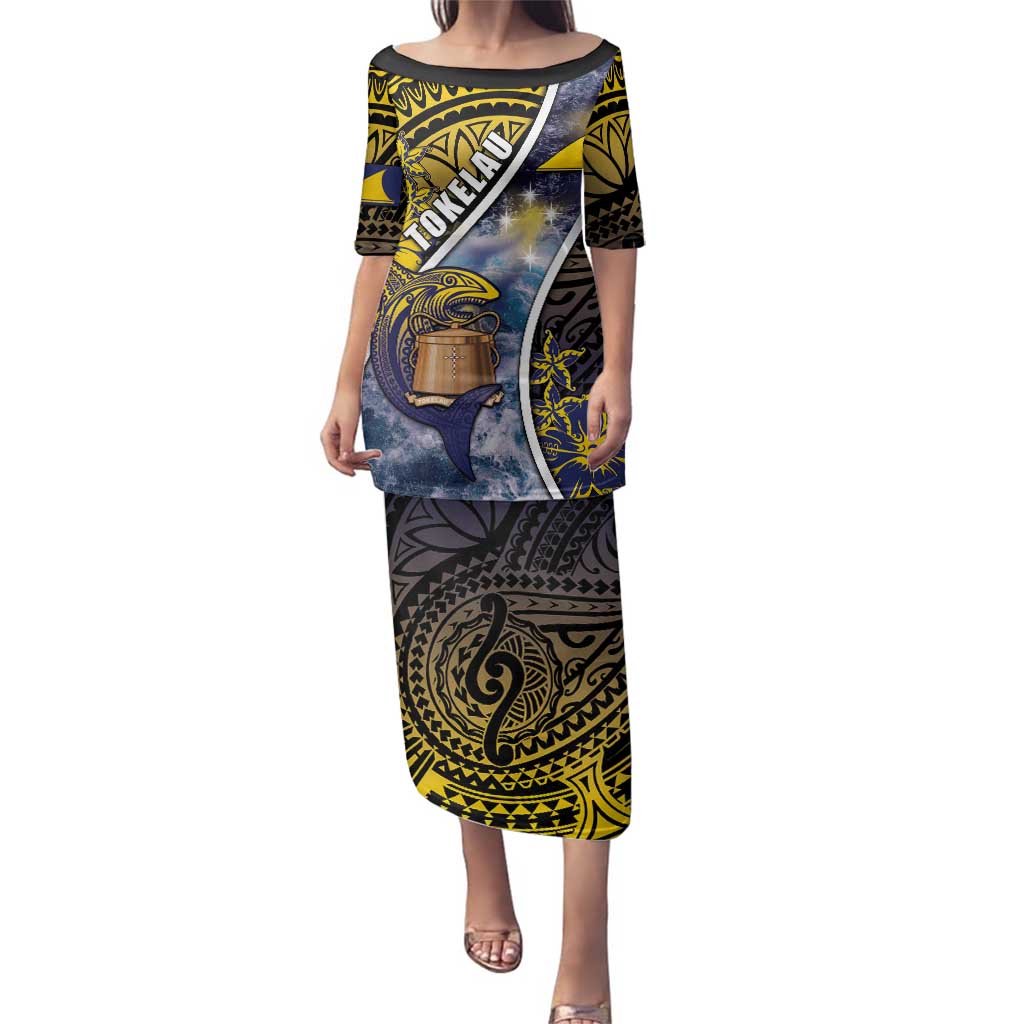 Personalised Tokelau Family Matching Puletasi and Hawaiian Shirt National Badge Waves Style DT05 Mom's Dress Yellow - Polynesian Pride