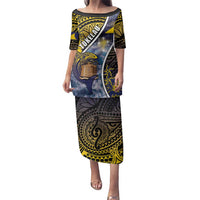 Personalised Tokelau Family Matching Puletasi and Hawaiian Shirt National Badge Waves Style DT05 Mom's Dress Yellow - Polynesian Pride