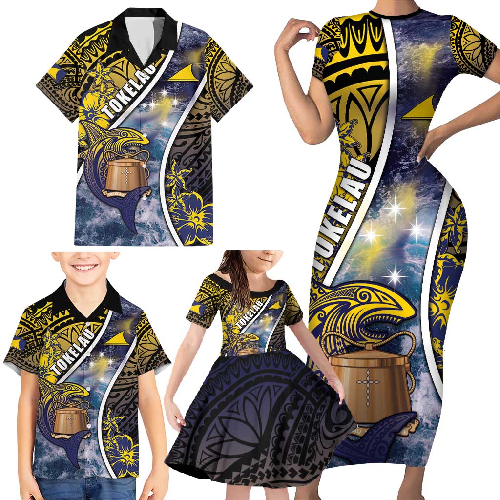 Personalised Tokelau Family Matching Short Sleeve Bodycon Dress and Hawaiian Shirt National Badge Waves Style DT05 - Polynesian Pride