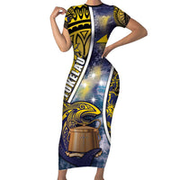 Personalised Tokelau Family Matching Short Sleeve Bodycon Dress and Hawaiian Shirt National Badge Waves Style DT05 Mom's Dress Yellow - Polynesian Pride