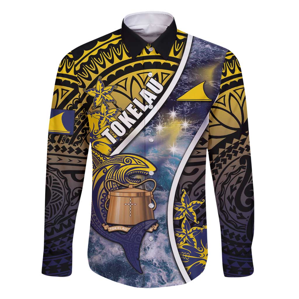 Personalised Tokelau Family Matching Summer Maxi Dress and Hawaiian Shirt National Badge Waves Style DT05 Dad's Shirt - Long Sleeve Yellow - Polynesian Pride