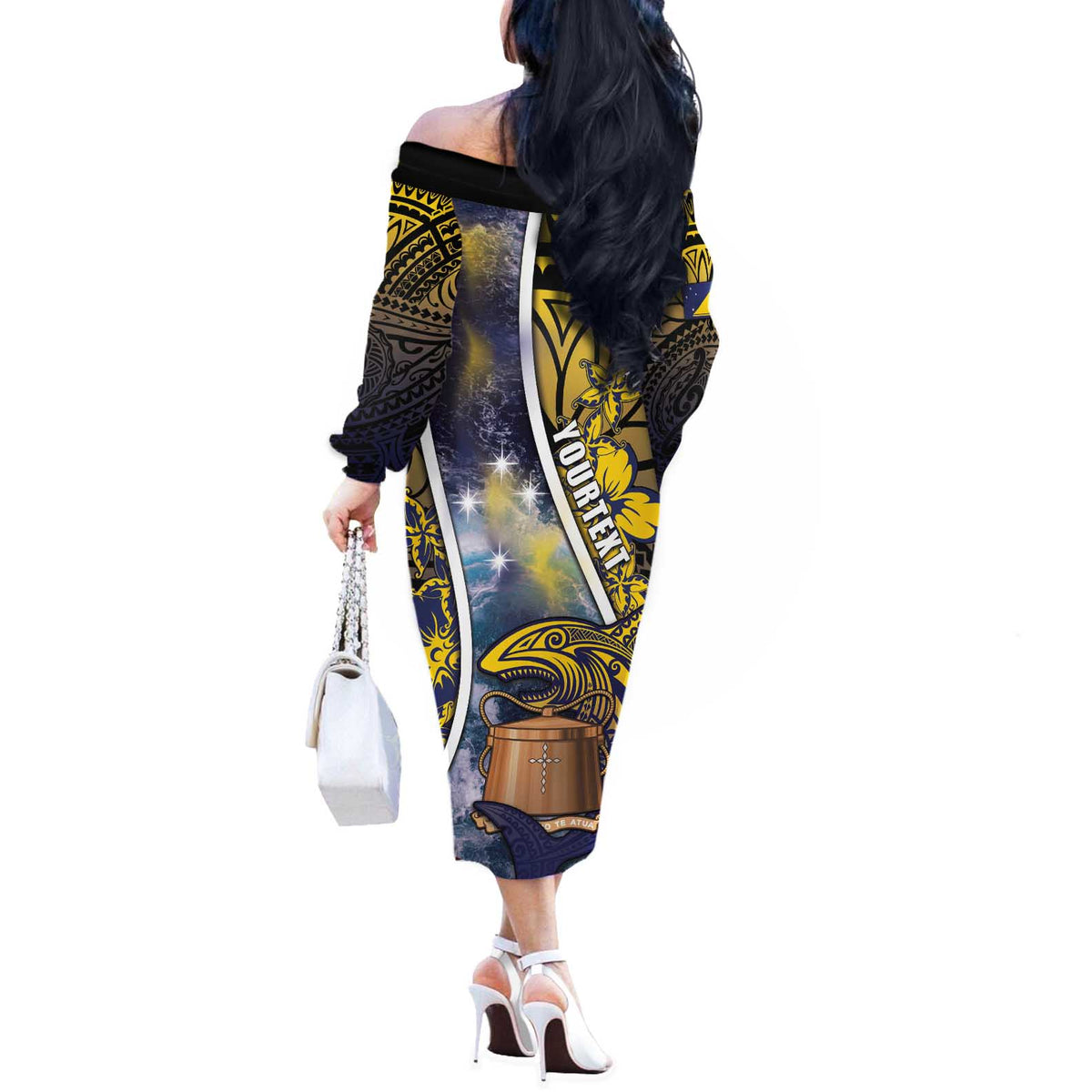 Personalised Tokelau Off The Shoulder Long Sleeve Dress National Badge Waves Style