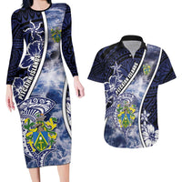 Personalised Pitcairn Islands Couples Matching Long Sleeve Bodycon Dress and Hawaiian Shirt Coat Of Arms Waves Style DT05 Navy - Polynesian Pride