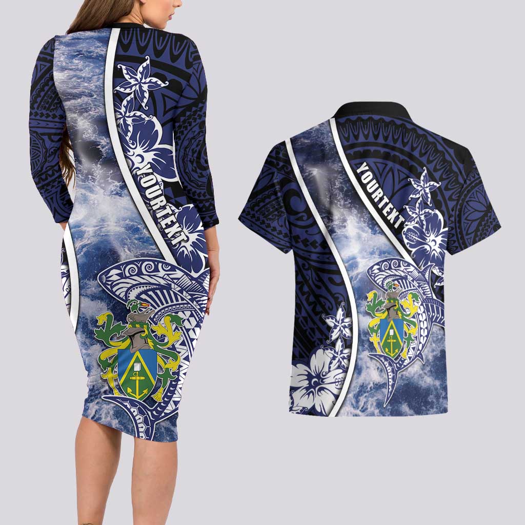 Personalised Pitcairn Islands Couples Matching Long Sleeve Bodycon Dress and Hawaiian Shirt Coat Of Arms Waves Style DT05 - Polynesian Pride