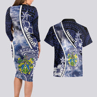 Personalised Pitcairn Islands Couples Matching Long Sleeve Bodycon Dress and Hawaiian Shirt Coat Of Arms Waves Style DT05 - Polynesian Pride