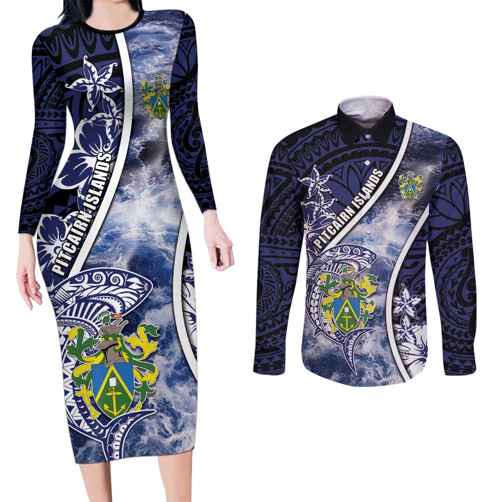 Personalised Pitcairn Islands Couples Matching Long Sleeve Bodycon Dress and Long Sleeve Button Shirt Coat Of Arms Waves Style DT05 Navy - Polynesian Pride