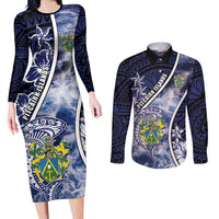 Personalised Pitcairn Islands Couples Matching Long Sleeve Bodycon Dress and Long Sleeve Button Shirt Coat Of Arms Waves Style DT05 Navy - Polynesian Pride