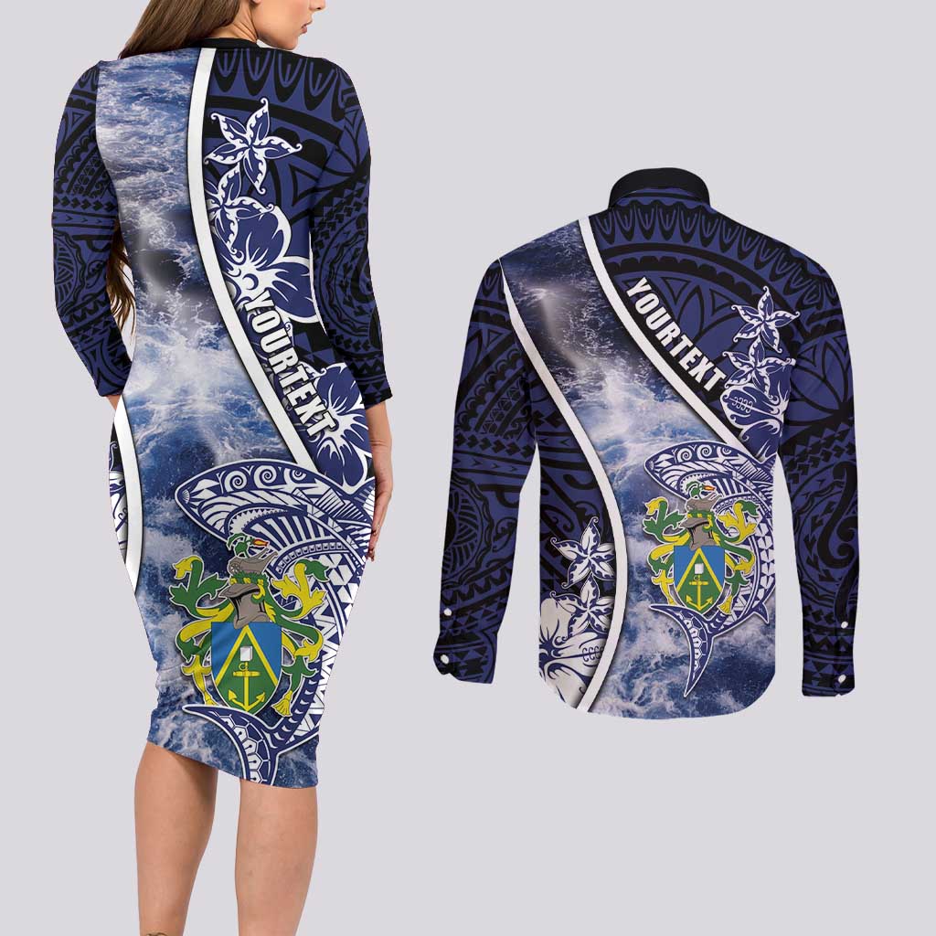 Personalised Pitcairn Islands Couples Matching Long Sleeve Bodycon Dress and Long Sleeve Button Shirt Coat Of Arms Waves Style DT05 - Polynesian Pride