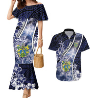 Personalised Pitcairn Islands Couples Matching Mermaid Dress and Hawaiian Shirt Coat Of Arms Waves Style DT05 Navy - Polynesian Pride