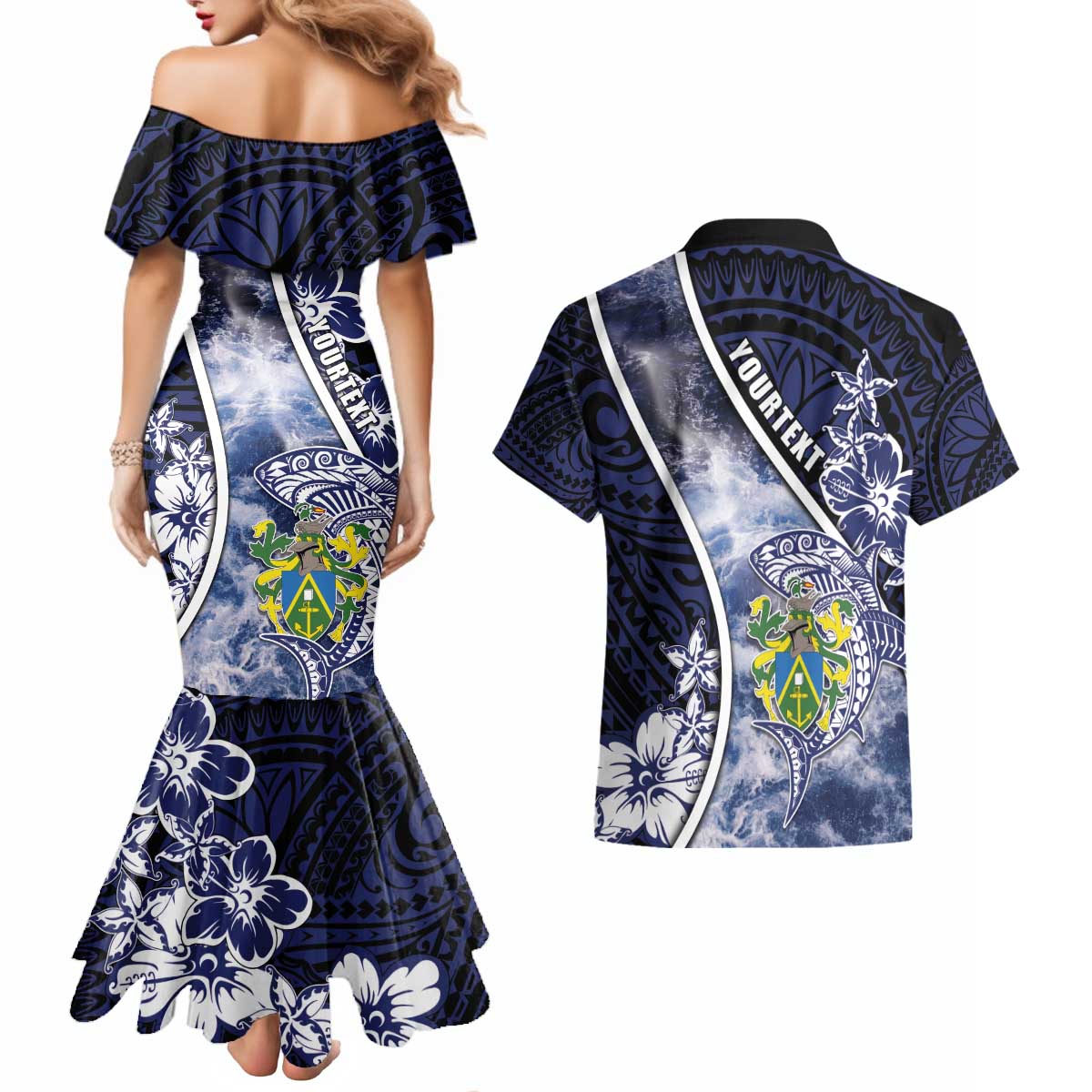 Personalised Pitcairn Islands Couples Matching Mermaid Dress and Hawaiian Shirt Coat Of Arms Waves Style DT05 - Polynesian Pride