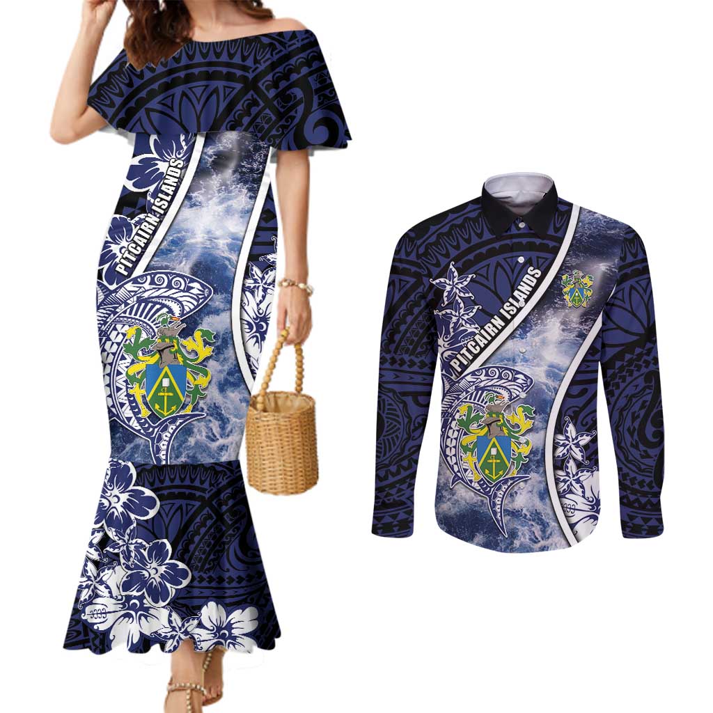 Personalised Pitcairn Islands Couples Matching Mermaid Dress and Long Sleeve Button Shirt Coat Of Arms Waves Style DT05 Navy - Polynesian Pride